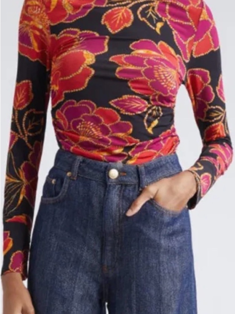 Farm Rio shiny Chita Print Long-Sleeve Floral Print Top in Black and Pink